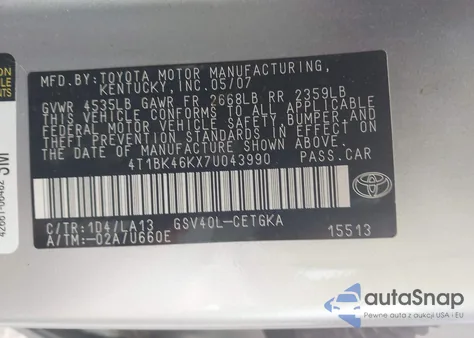 2007 Toyota Camry Xle V6 z USA, uszkodzony, nr VIN 4T1BK46KX7U043990
